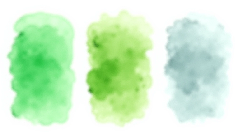 Three-panel watercolour comparison showing same tree painted three times: vivid saturated green in foreground, muted desaturated green in middle ground, pale greyish-blue in background