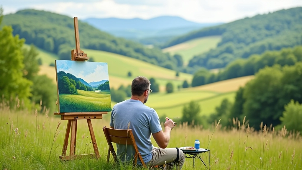 Artist painting outdoors in natural landscape with portable watercolour kit and sketchbook