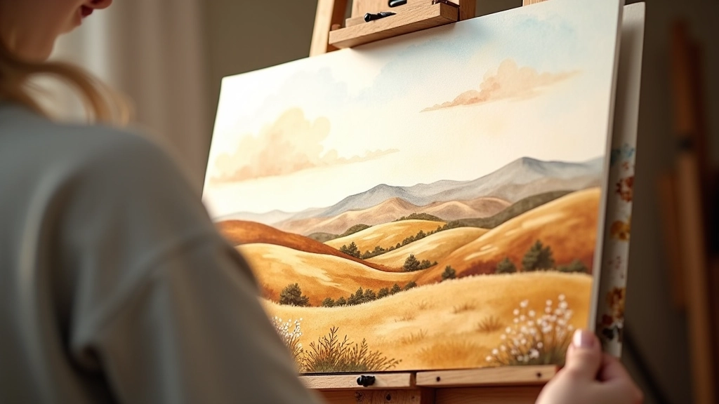 Finished watercolour painting of rolling hills under a cloudy sky with warm orange and purple tones