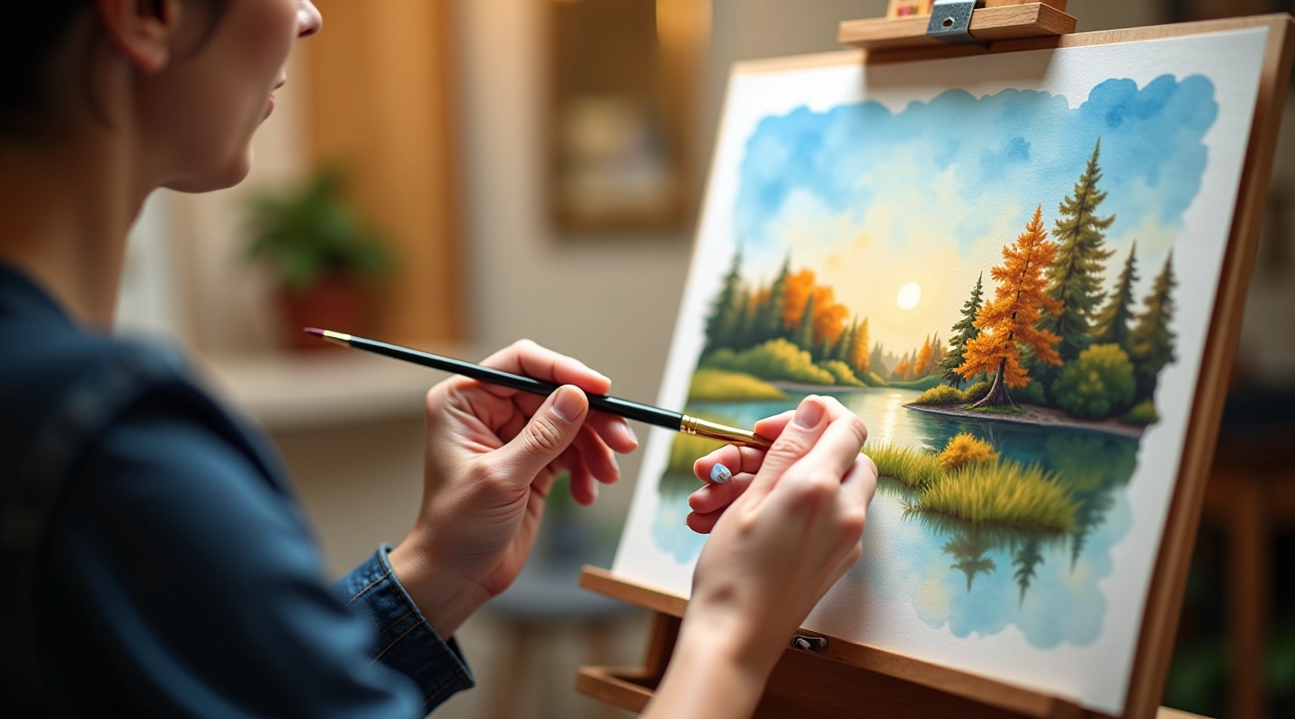 Watercolour landscape painting of rolling Moravian hills with soft blue and green tones, professional artist demonstration